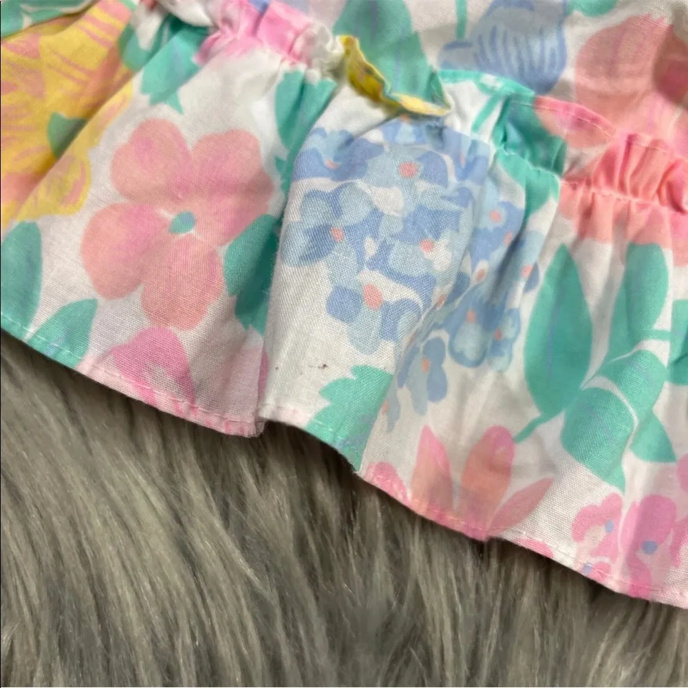 Vintage Baby Girls Blue Pink Floral Ruffle Pinafore Dress
